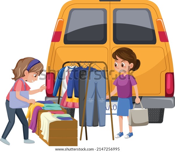 Women shopping\
clothes at yard sale\
illustration
