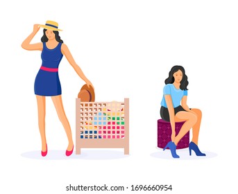 Women shopping in a clothing store. Girls choosing and trying dress clothes during shopping at garment supermarket. Women try hats and shoes. Joint purchases, modern fashion. Vector illustration