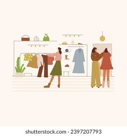 Women shopping in the clothing store. Vector illustration in flat style.