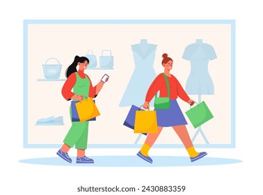 Women with shopping concept. Young girls with packages with buyings. Commerce and marketing. Customers in shopping mall. Cartoon flat vector illustration isolated on white background