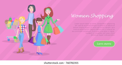 Women shopping conceptual banner. Beautiful women make purchases with shopping trolley, baskets and bags vector illustrations. Holiday shopping concept for sale promotions web page