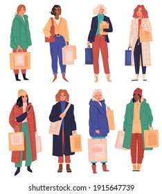 Women Shopping. Femal Characters With Shopping Bags, Girls In Modern Clothes, Street Looks With Paper Bags, Discount Season. Vector Set