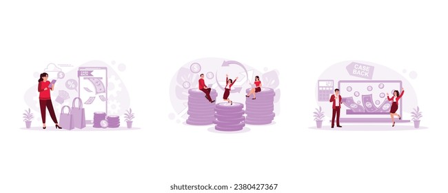 Women shopping get cashback. We are examining the circulation of money and money back. We got a refund for the laptop screen. Cashback concept. set trend modern vector flat illustration