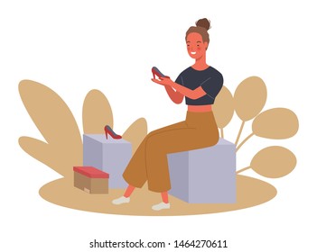 Women shopping. The girl is trying high heels. Vector illustration in a flat style