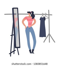 Women shopping. Girl is trying on fashion female cloth looking woman new design blue dress in shop boutique room flat vector illustration