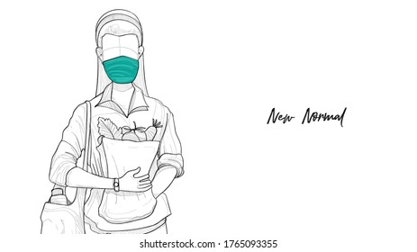 women shopping with mask protect from COVID-19 viruses. new normal concept. drawing vector style. 