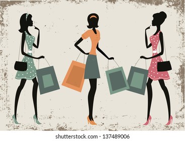 Women shopping on a retro grunge background