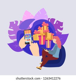Women shopping online by smartphone. Concept online shopping. Vector illustration