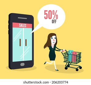 Women shopping online by smartphone. Business and e-commerce concept. vector illustration