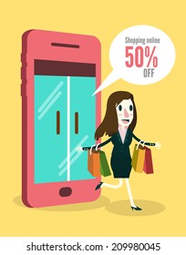 Women shopping online by smartphone. Business and e-commerce concept. vector illustration