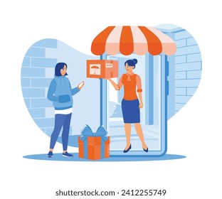 Women are shopping online at home. The business owner confirms the order using a mobile phone. Order confirmation concept. Flat vector illustration.