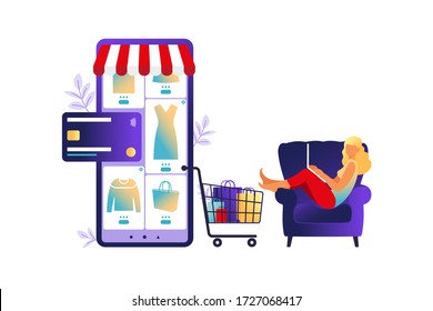 Women shopping online on laptop. Vector illustration. Online store payment. Bank credit cards. Digital pay technology. E-paying. Flat style modern vector illustration isolated on white.