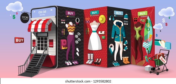 Women Shopping Online on Mobile Phone VECTOR