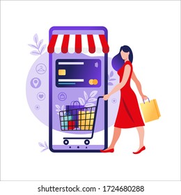 Women shopping online on mobile phone. Online store payment. Bank credit cards, secure online payments and financial bill. Smartphone wallets, digital pay technology. Flat vector illustration. 