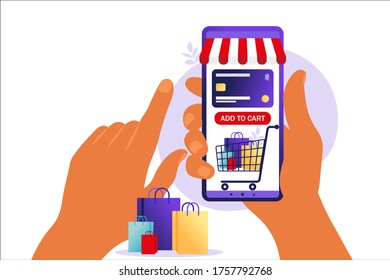 Women shopping online on mobile phone. Concept of online shopping, Online store payment. Bank credit cards, secure online payments and financial bill. Smartphone wallets, digital pay technology. 