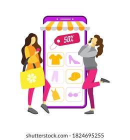 Women Shopping Online on Mobile Phone VECTOR. Vector illustration