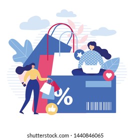 Women Shopping Online via Social Network Use Mobile Gadgets. Girls Sitting with Laptop, Lady Walks with Purchases in Bags Holding Phone. Huge Discount Card and Paper Handbags. Vector Illustration