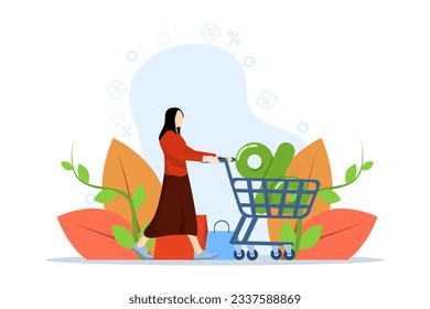 Women and shopping. Product percentage and price reduction symbol. Young women like to buy cheap products. promo for online shopping, flat vector illustration on a white background.