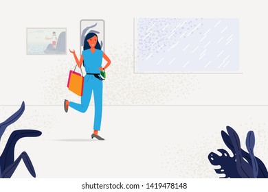 Women shopping, Relax, favored time, recreational activities concept. Isolated on the mall background which can see raining from window.