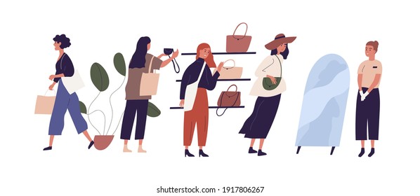 Women shopping in retail bag store choosing handbags with help of saleswoman or consultant. Colored flat vector illustration of buyers and seller in fashion showroom isolated on white background.