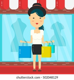 Women shopping. Shop mall background. Vector flat design cartoon character illustration