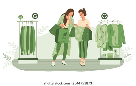 Mujeres comprando. Chica con paquetes cerca de un estante con ropa hecha de material reciclado. Venta de ropa en tienda ecológica. Moda sostenible. Ilustración vectorial en estilo plano