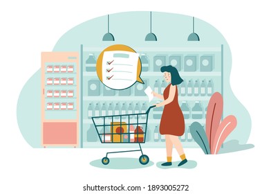 Women shopping at supermarket with list of product and shopping cart walking. Shelves of product indoor supermarket Vector illustration flat design