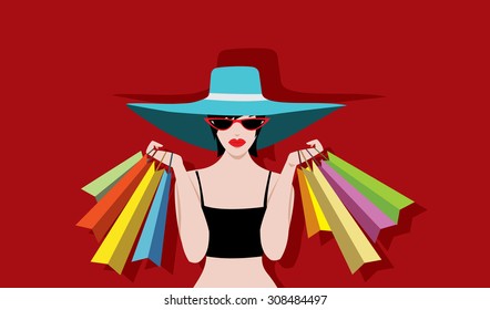 women Shopping  wearing hats and cateye sunglasses  cute illustrations