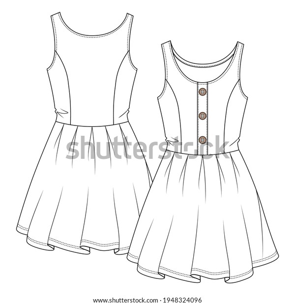 Women Short Dress flat sketch fashion\
template. Girls Technical Fashion Illustration. Princess seams.\
Large Buttons at front. Flare Pleated Bottom\
skirt