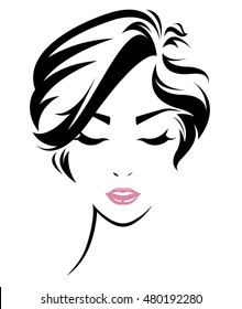 women short hair style icon, logo women face on white background, vector