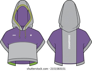 Chaqueta de manga corta Anorak recortó el diseño de la chaqueta Hoodie dibujo plano Ilustración , Chaqueta cubierta con vista frontal y posterior, chaqueta de invierno de invierno para chicas y mujeres para invierno.