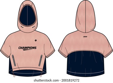 Women short sleeve sleeve Anorak Hoodie jacket design template in vector, popover Hooded jacket with front and back view, windcheater winter cropped jacket for girl and women for winter.