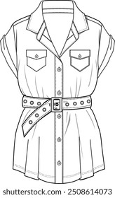Camisa de moda manga curta das mulheres com bolsos de peito e cinto 
