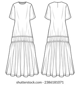 Frauen Kurzarm Präirie-Kleidung Design flache Skizzenmode-Illustration mit Vorder- und Rückansicht, Stufenmaxi-Kleidung mit flacher Skizze