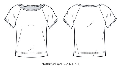 Women Short Sleeve T-Shirt with Lace Trim Technical Fashion Illustration. Raglan Sleeve Top fashion flat technical drawing template, front and back view, white, women CAD mockup.