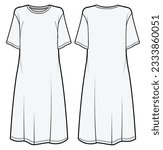 Women Short Sleeve T-Shirt Maxi Dress Front and Back View. Fashion Flat Sketch Vector Illustration, CAD, Technical Drawing, Flat Drawing, Template, Mockup.