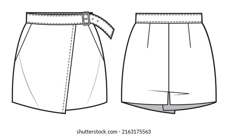 Women shorts and wrap skirt technical fashion illustration.