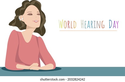 Women with shot hair feeling good and smile with Hearing aid medical tool to help her to hear  World Deaf Day concept vector