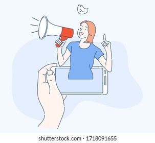 A Women shout through the megaphone to announce the sale of products or services.The concept of heralding. Hand drawn in thin line style, vector illustrations. (A Mask can be removable)