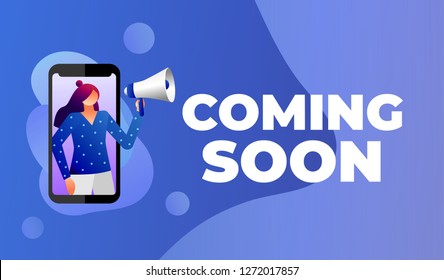 Women shouting on megaphone with coming soon word vector illustration concept, can use for, landing page, template, ui, web, mobile app, poster, banner, flyer. Character design