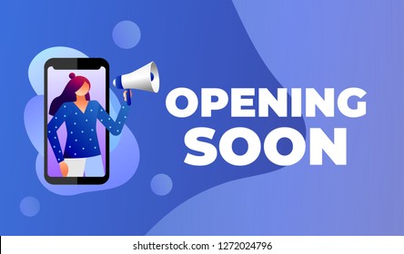 Women shouting on megaphone with opening soon word vector illustration concept, can use for, landing page, template, ui, web, mobile app, poster, banner, flyer. Character design