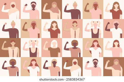 Women show biceps geometric seamless pattern. Accelerate Action 2025 endless background. Girl flexing biceps. Women history month. IWD diversity equality inclusive concept.