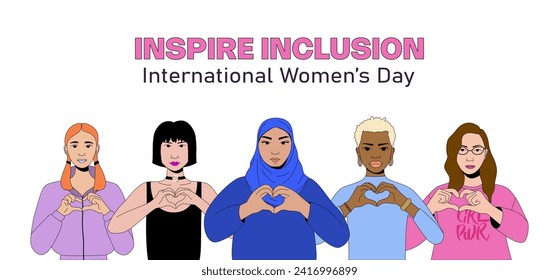 Las mujeres muestran ilustraciones vectoriales con gestos de las manos del corazón. Cartel del Día Internacional de la Mujer. Inspire inclusión iwd 2024 firma y tema. Varios personajes femeninos.  