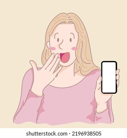 women show mobile with her happy expression and beautiful smile. Lady excite with promotion via phone. girl protrait looks happy and lively illustration in young female and campaign online in phone