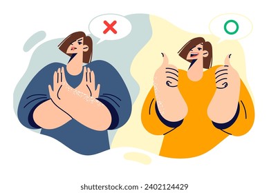 Women show stop gesture and thumbs up, demonstrating different reactions to proposals and lack of solidarity. Girls respond with positive and negative gesture giving feedback about quality of product