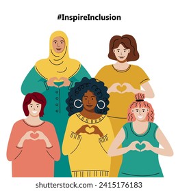 Women are showing sign of heart with their hands. Inspire Inclusion is campaign theme of International Women's Day 2024. #InspireInclusion