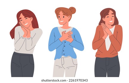 Mujeres mostrando emoción tierna. Emociones de ternura de las mujeres, niñas sonrientes personaje lenguaje corporal positivo caricatura plana ilustración vectorial