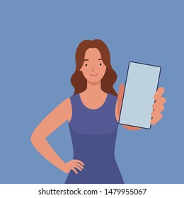Women shows the smartphone the screen forward. Vector illustration in a flat style