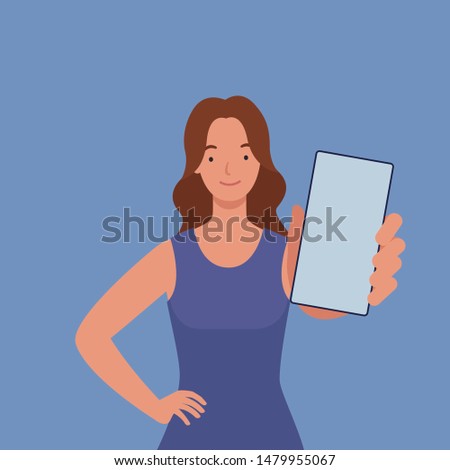 Women shows the smartphone the screen forward. Vector illustration in a flat style