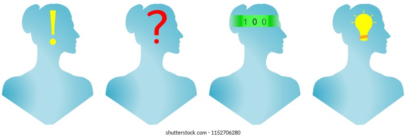 Women side face profile showing thinking process with question exclamation logical processing and bulb Vector Illustration 